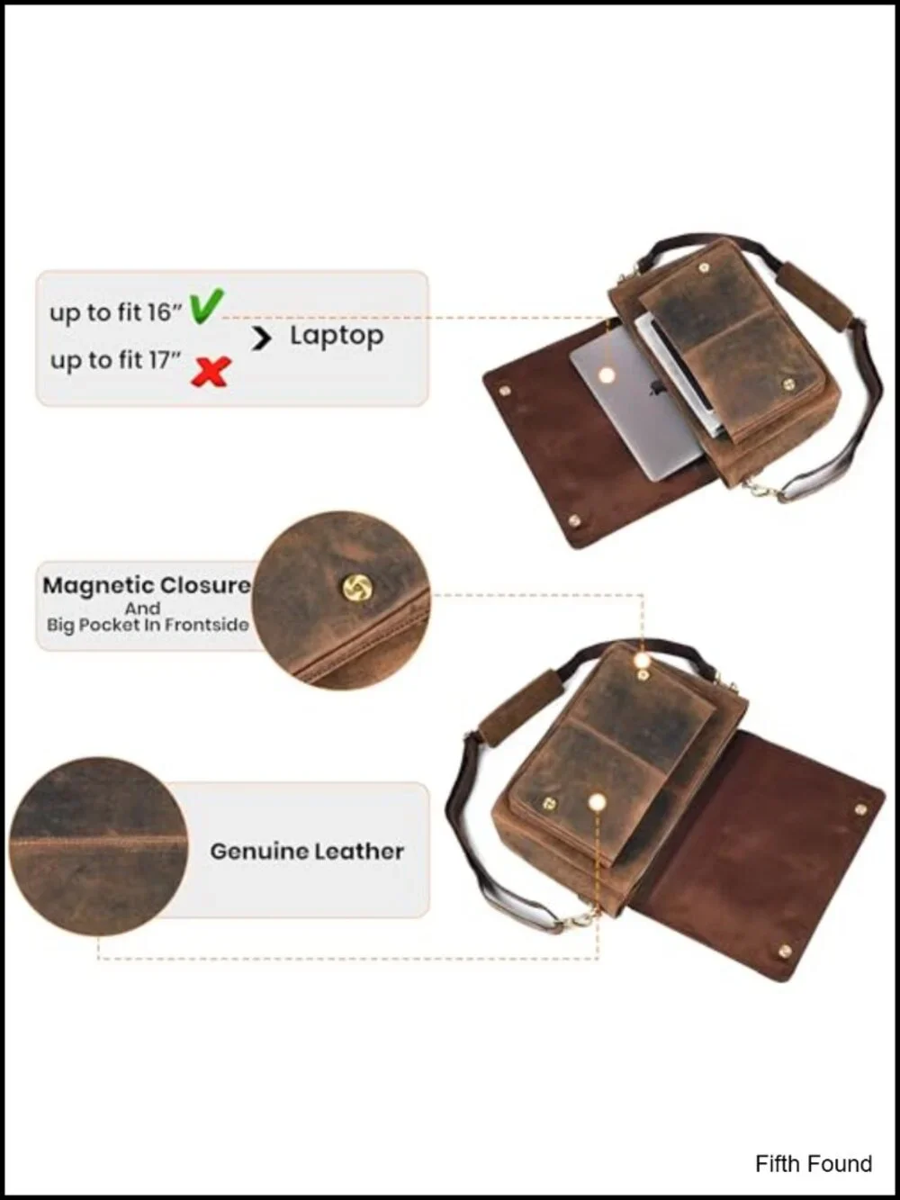 Genuine Leather Messenger Bag 16'' Satchel Crossbody Work Travel Unisex